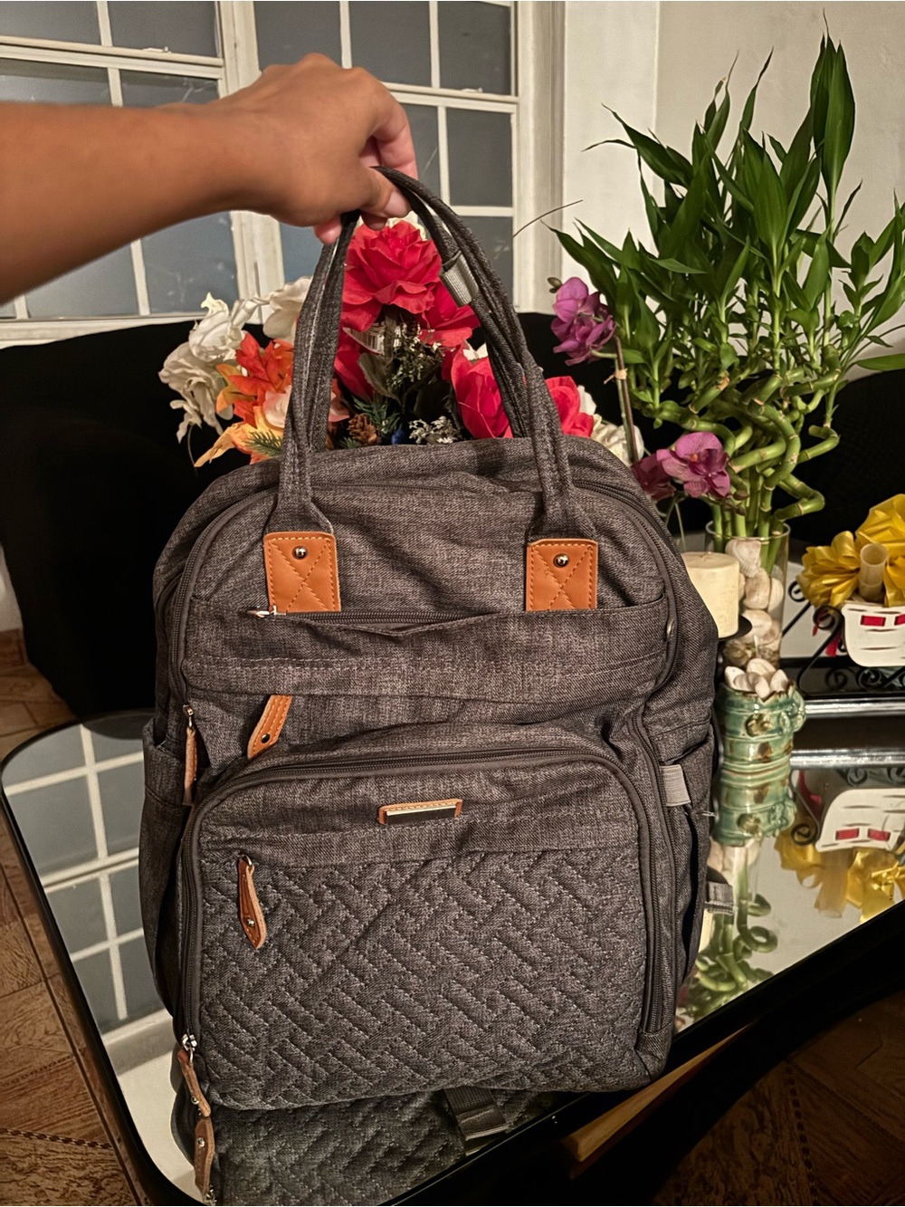 Quilted diaper bag- Charcoal Gray with Tan Trim